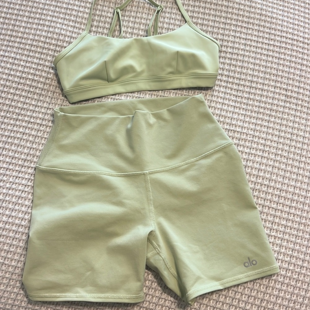 ALO Yoga Light Green Sports Bra and Shorts Set